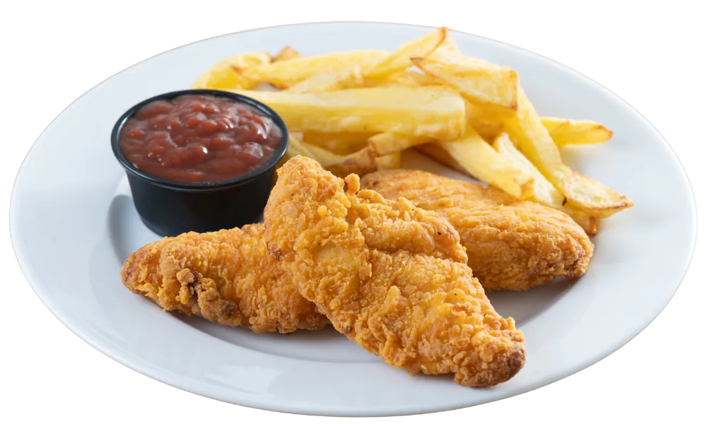 Crispy chicken tenders and fries with ketchup at Tate Cove Seafood, a Seafood Restaurant in Lake Charles.